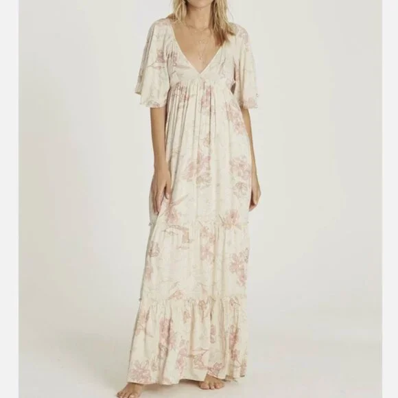Billabong Seas the Day Ivory Floral Maxi V Neck Flutter Sleeve Tiered Dress Med - Picture 1 of 11